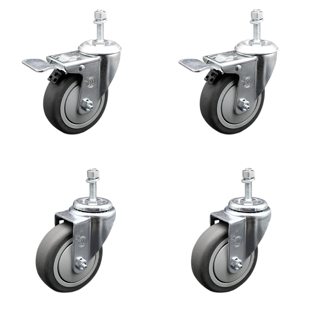 Stainless Steel Thermoplastic Rubber Swivel Threaded Stem Caster - 4 x 1.25 in. Gray Wheels & 0.37 in. Stems - 1000 lbs Total Capacity - Set of 4