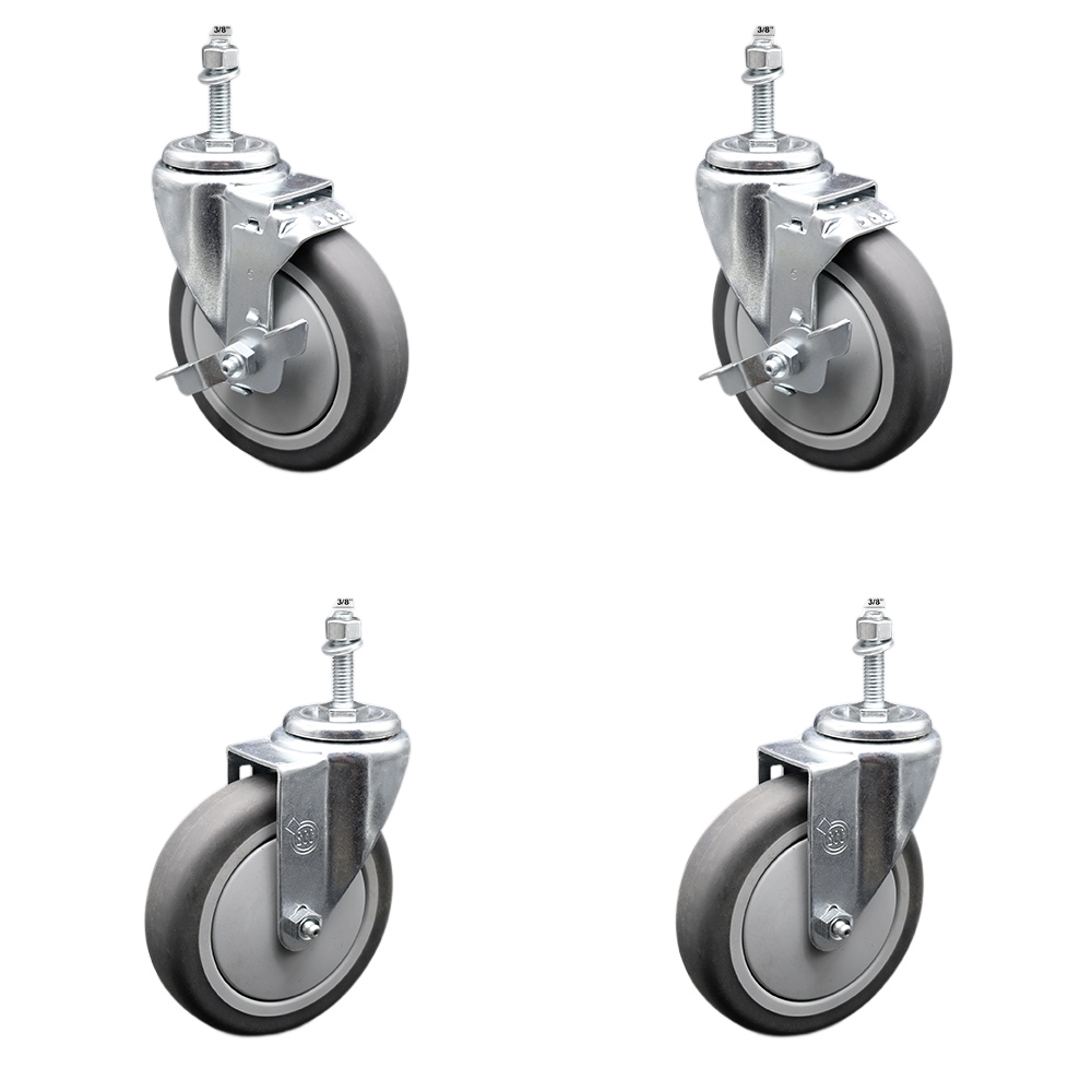 Stainless Steel Thermoplastic Rubber Swivel Threaded Stem Caster - 5 x 1.25 in. Gray Wheels & 0.37 in. Stems - 1200 lbs Total Capacity - Set of 4