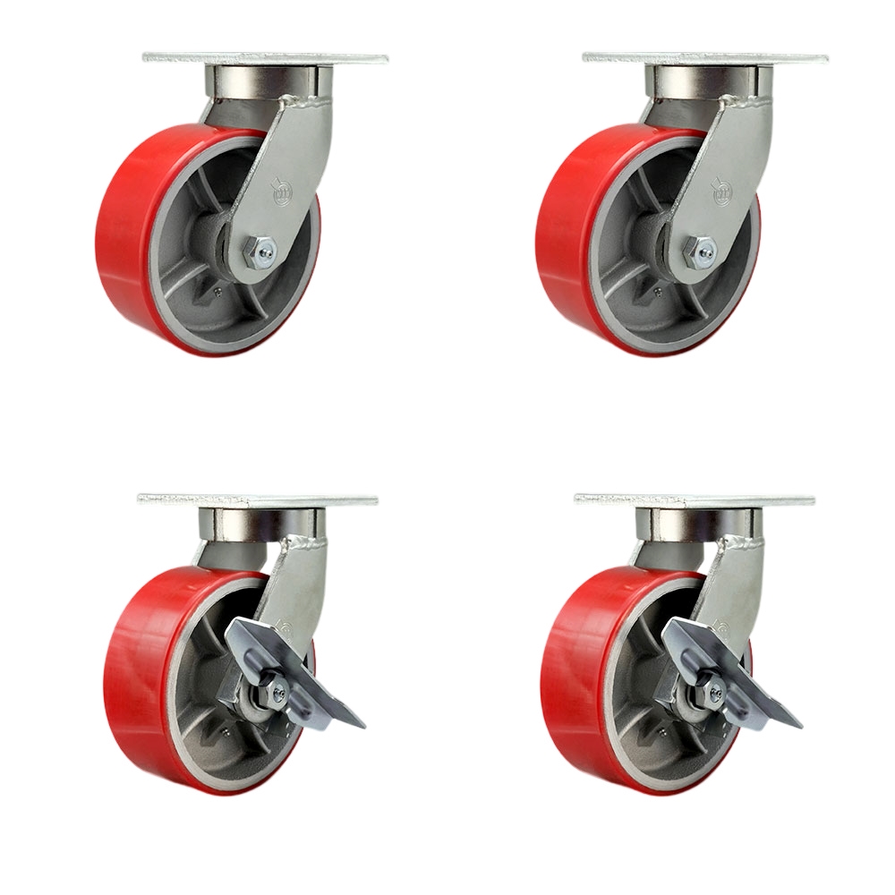 SCC-KP92S830-PUR-RS-2-SLB-2 8 in. Swivel Top Plate Caster Set Extra Heavy Duty Casters with Red Polyurethane on Cast Iron Wheels - Set of 4