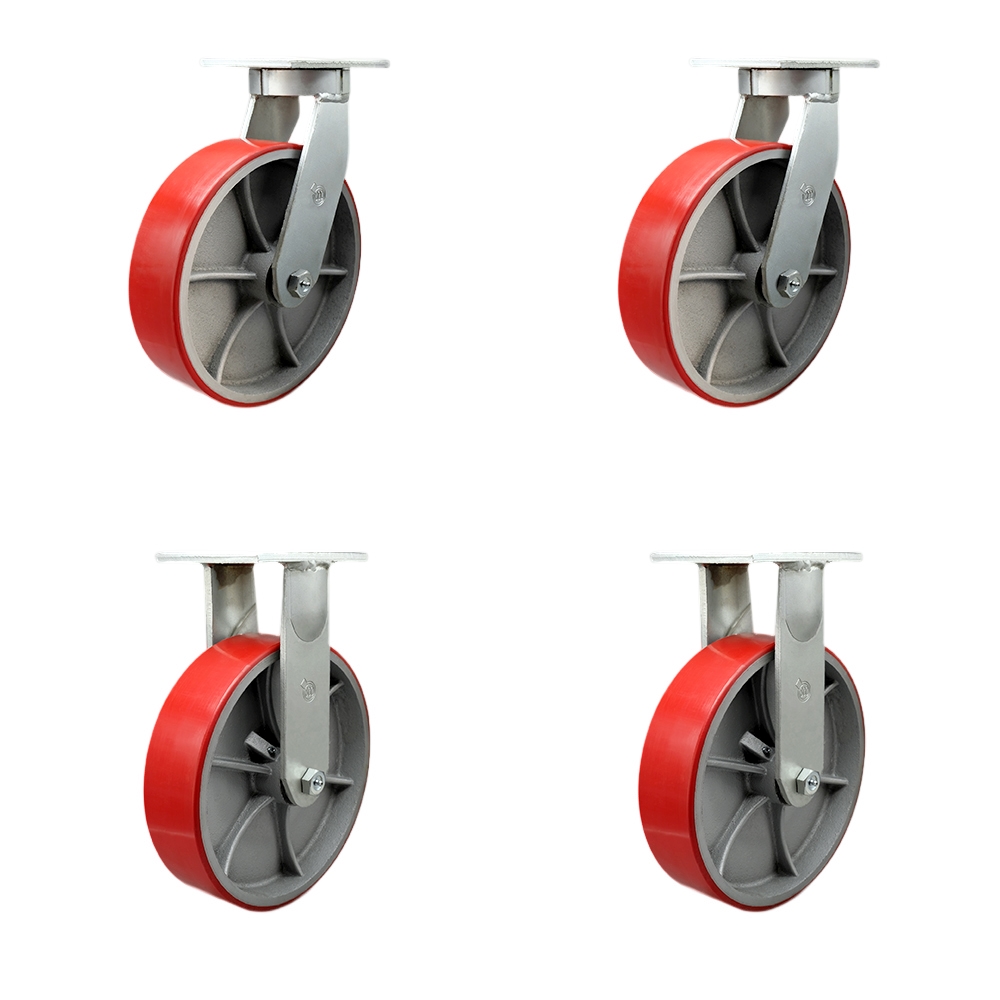 10 in. Swivel Top Plate Caster Set Extra Heavy Duty Casters with Red Poly on Cast Iron Wheels - 2000 lbs Total Capacity - Set of 4