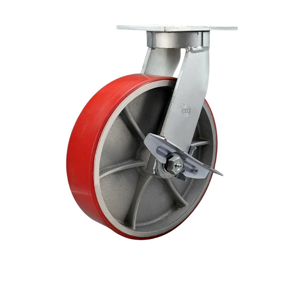 12 in. Swivel Top Plate Extra Heavy Duty Caster with Red Poly on Cast Iron Wheel & Side Lock Brake - Heavy Duty Caster Wheel - Industrial Caster
