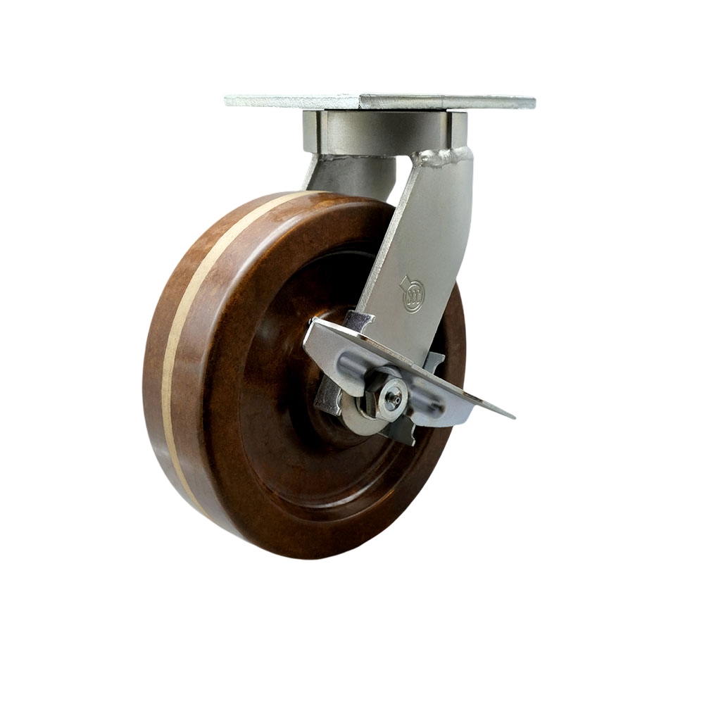 8 in. Swivel Top Plate Extra Heavy Duty Caster with High Temperature Phenolic Wheel & Brake - Bolt on Swivel Lock - Heavy Duty Caster Wheel