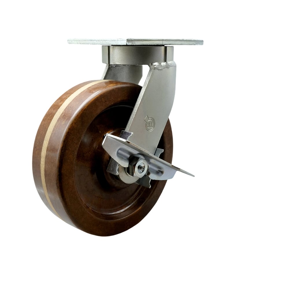 10 in. Swivel Top Plate Extra Heavy Duty Caster with High Temperature Phenolic Wheel & Brake - Bolt on Swivel Lock - Heavy Duty Caster Wheel