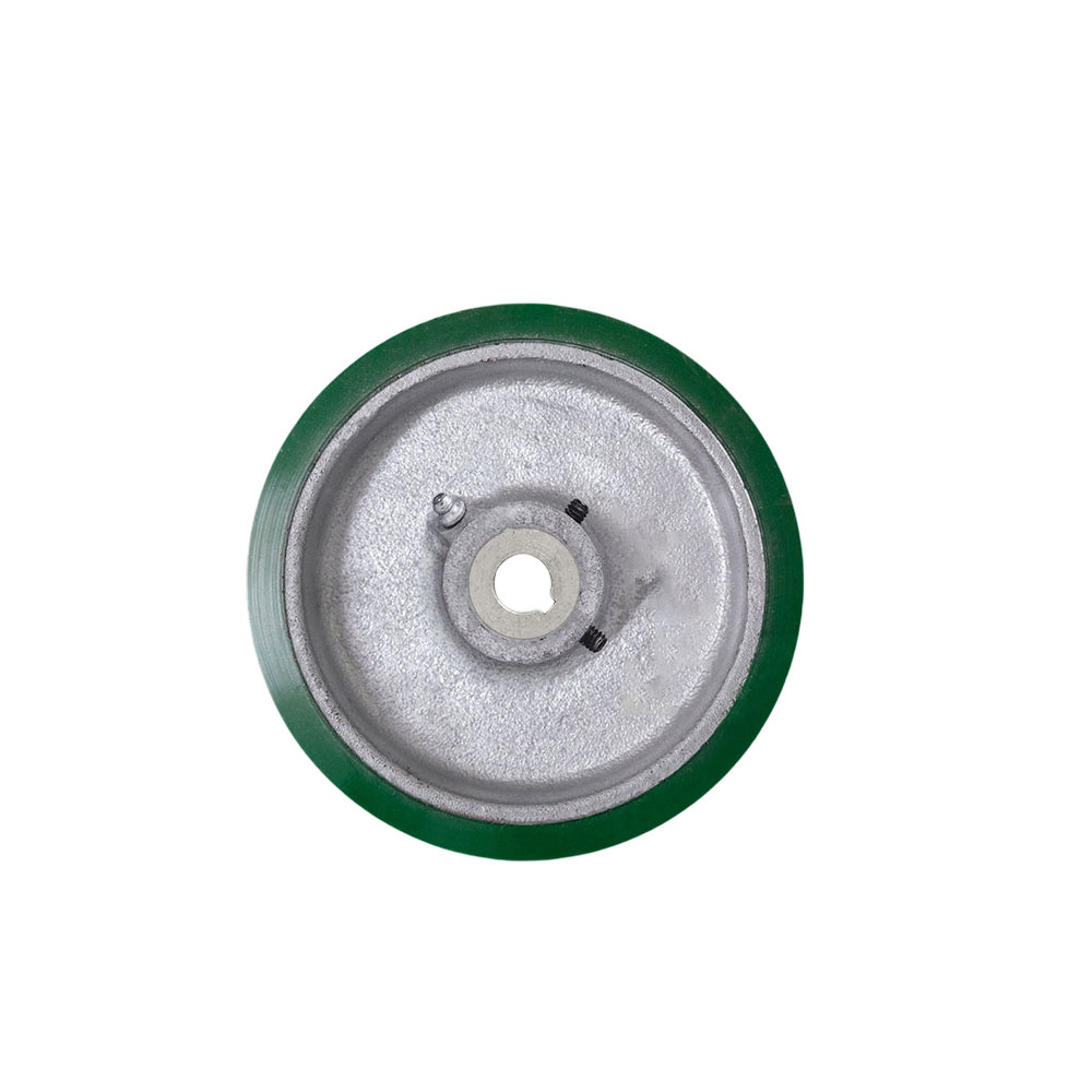 SCC-EZPUS415-14MM-KW-2SS 4 x 1.5 in. Green Polyurethane Tread on Cast Iron Keyed Drive Wheel - 14 mm Plain Bore with Two 0.25 in. Set Screws
