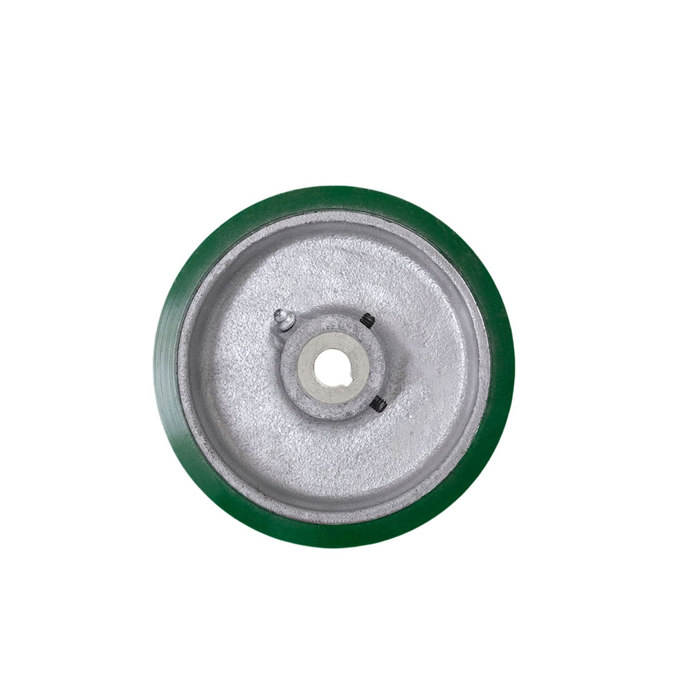 SCC-EZPUS420-18MM-KW-2SS 4 x 2 in. Green Polyurethane Tread on Cast Iron Keyed Drive Wheel - 18 mm Plain Bore with Two 0.25 in. Set Screws