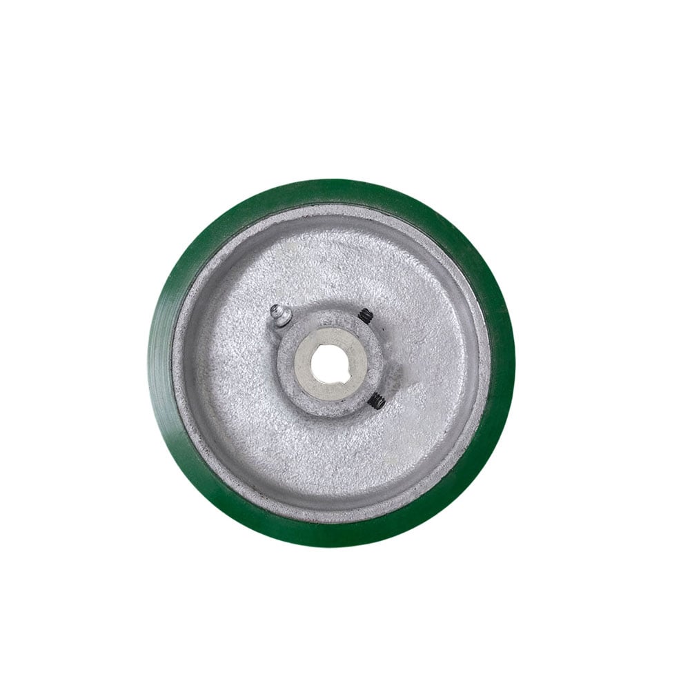 SCC-EZPUS820-12MM-KW-2SS 8 x 2 in. Green Polyurethane Tread on Cast Iron Keyed Drive Wheel - 12 mm Plain Bore with Two 0.25 in. Set Screws