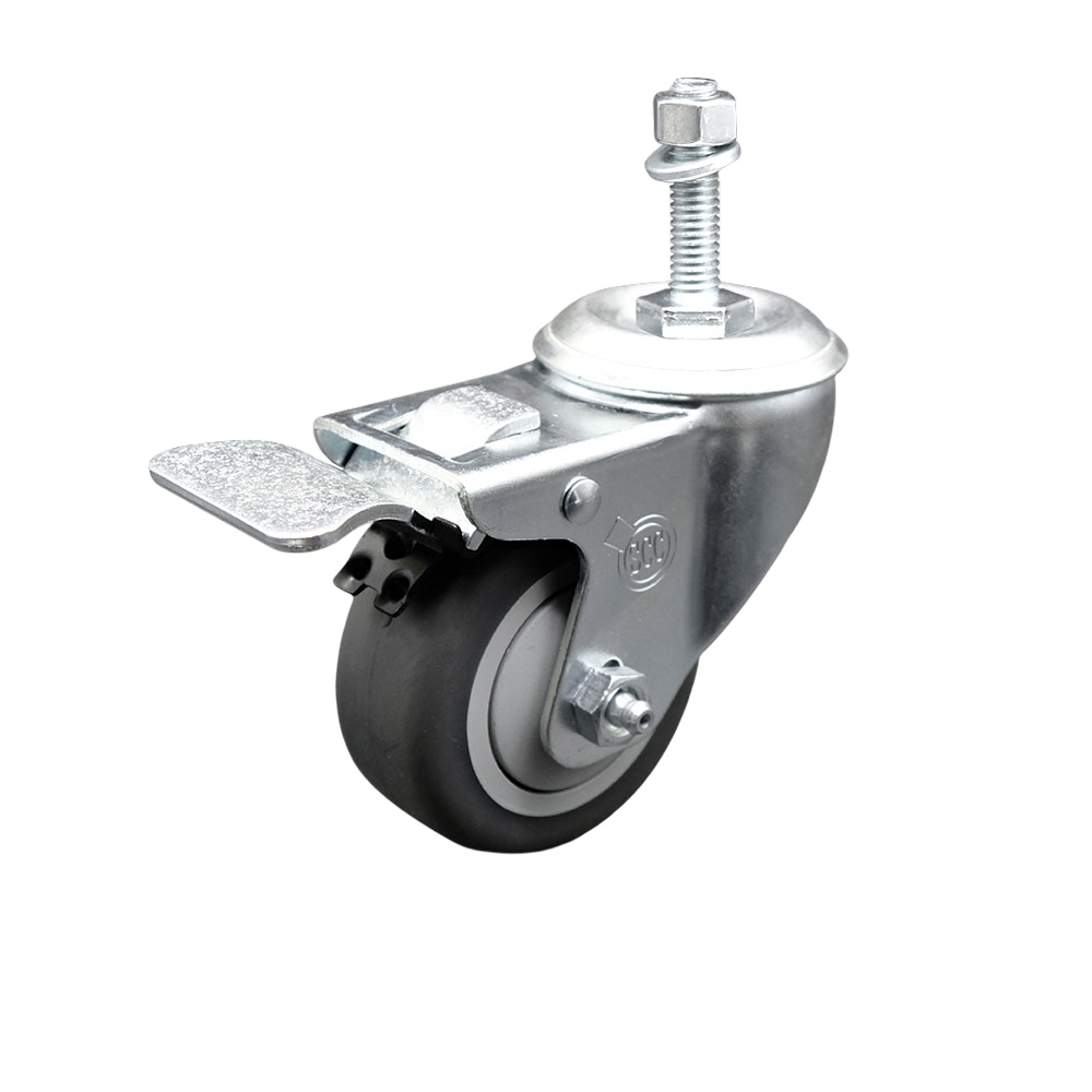 Thermoplastic Rubber Swivel Threaded Stem Caster - 3.5 x 1.25 in. Gray Wheel & 0.37 in. Stem & Total Locking Brake - 230 lbs Capacity per Caster