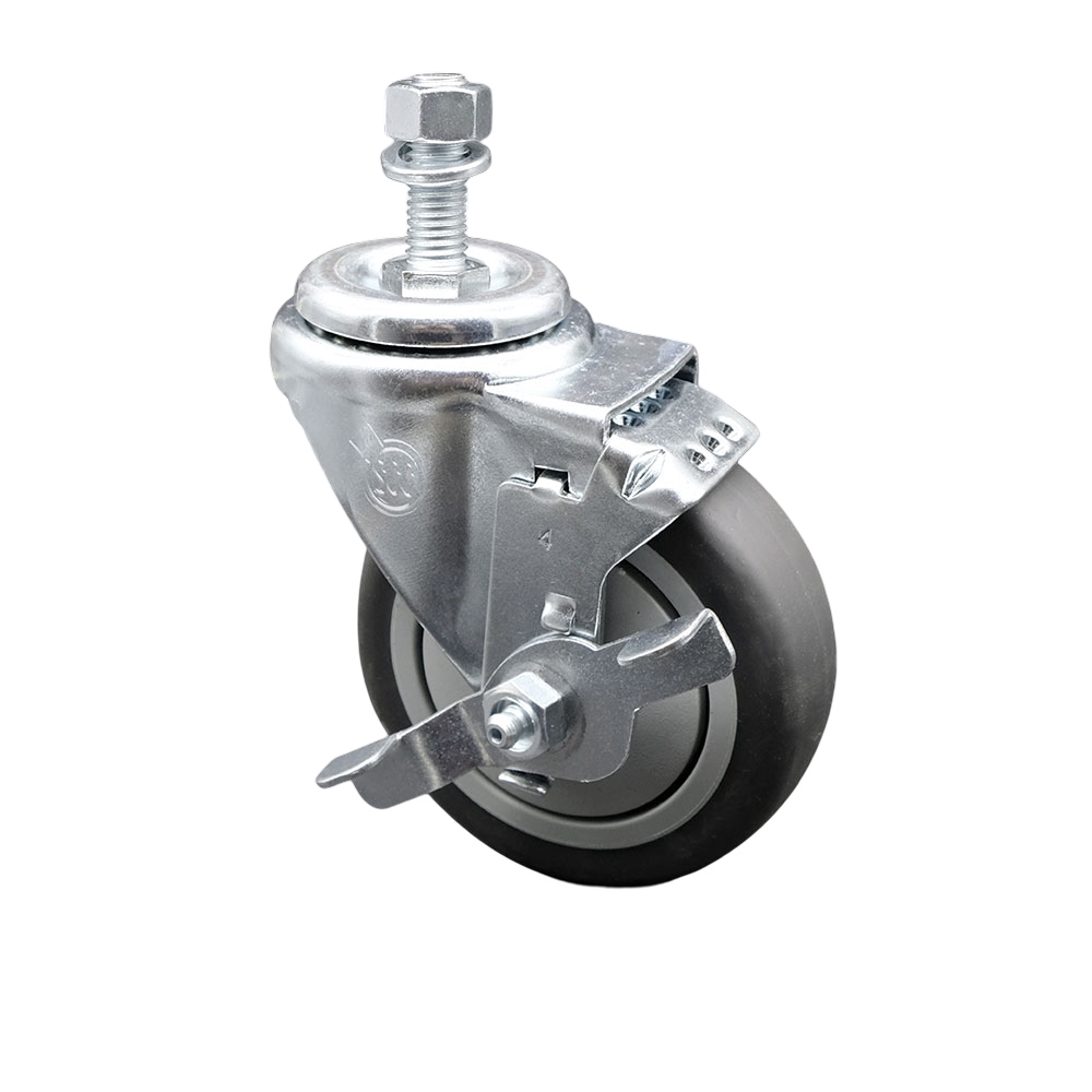 Stainless Steel Thermoplastic Rubber Swivel Threaded Stem Caster - 4 x 1.25 in. Gray Wheel & 0.5 in. Stem & Top Locking Brake - 250 lbs Capacity