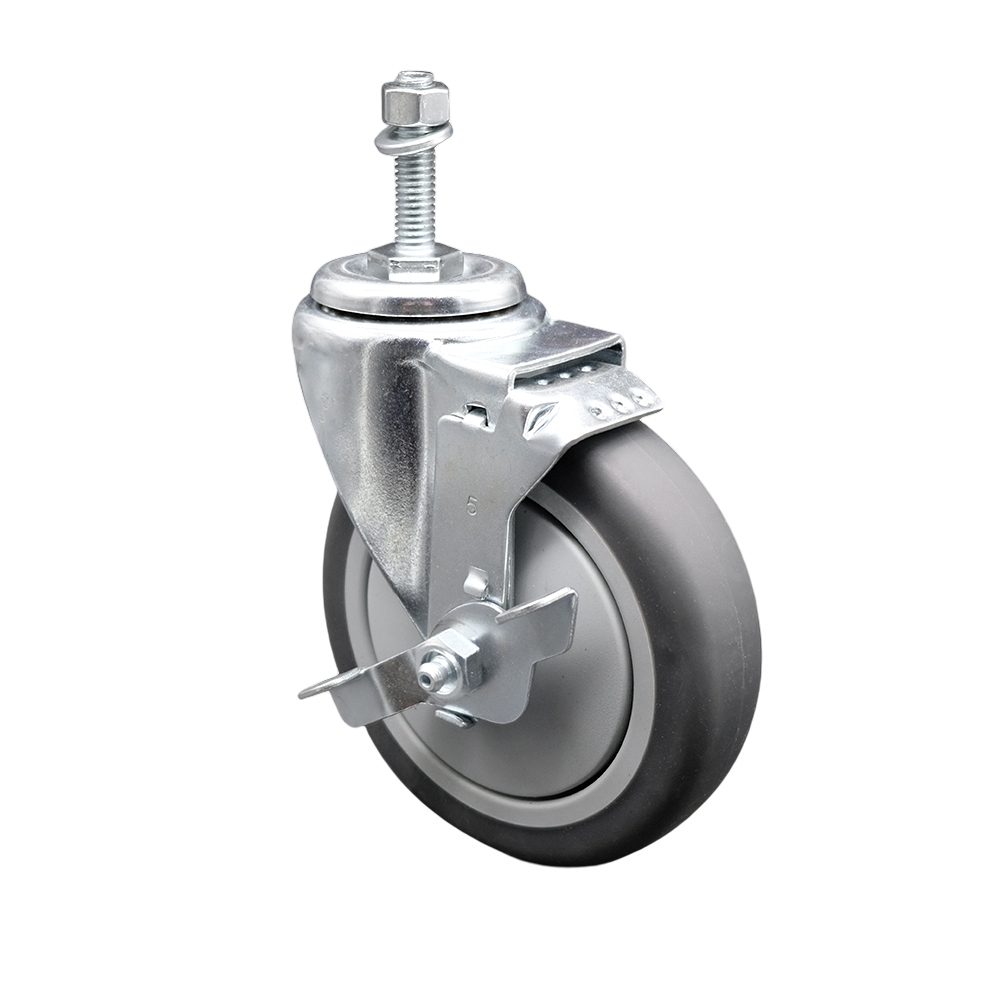 Thermoplastic Rubber Swivel Threaded Stem Caster - 5 x 1.25 in. Gray Wheel & 10 mm Metric Stem & Top Locking Brake - 300 lbs Capacity per Caster