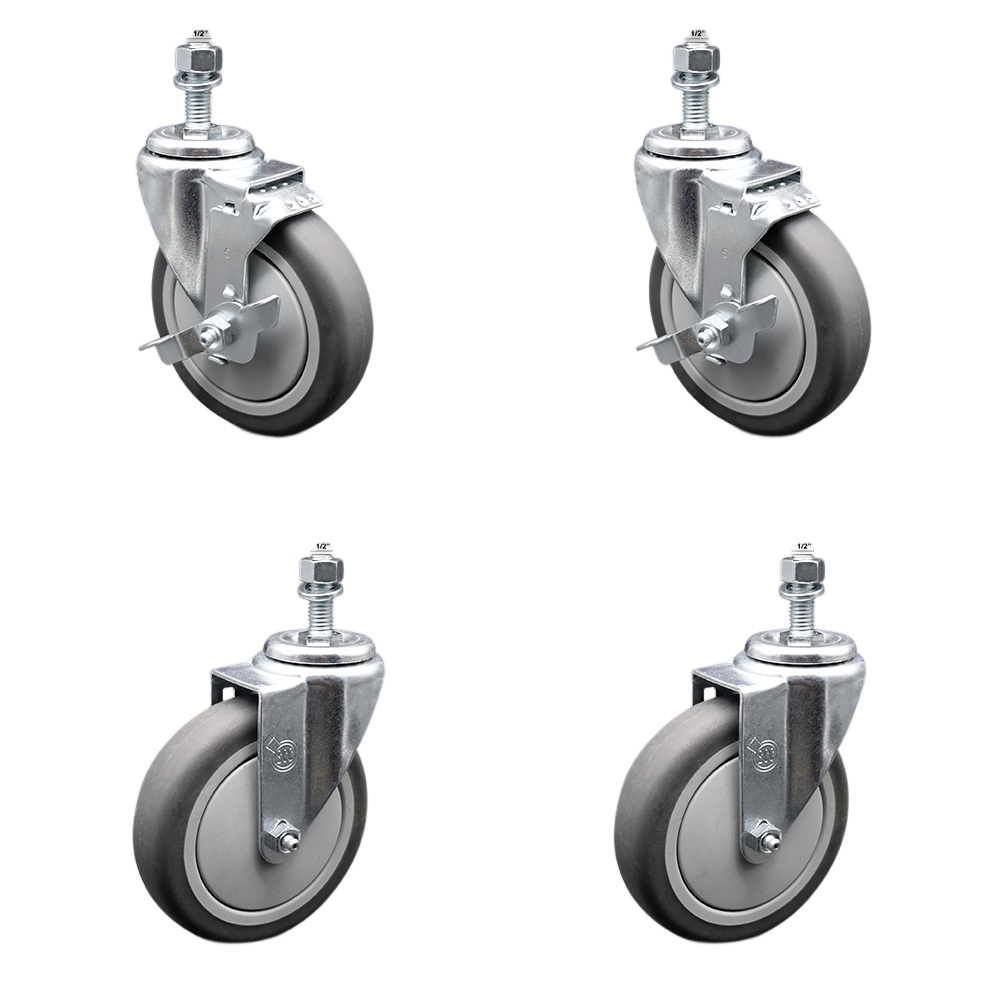 Stainless Steel Thermoplastic Rubber Swivel Threaded Stem Caster - 5 x 1.25 in. Gray Wheels & 0.50 in. Stems - 1200 lbs Total Capacity - Set of 4