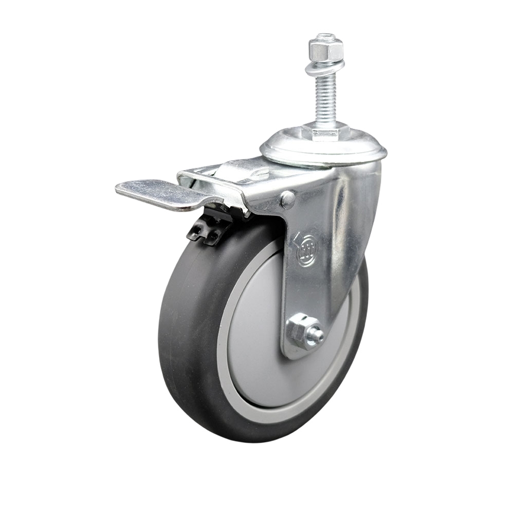 Stainless Steel Thermoplastic Rubber Swivel Threaded Stem Caster - 5 x 1.25 in. Gray Wheel & 0.37 in. Stem & Total Locking Brake - 300 lbs Capacity