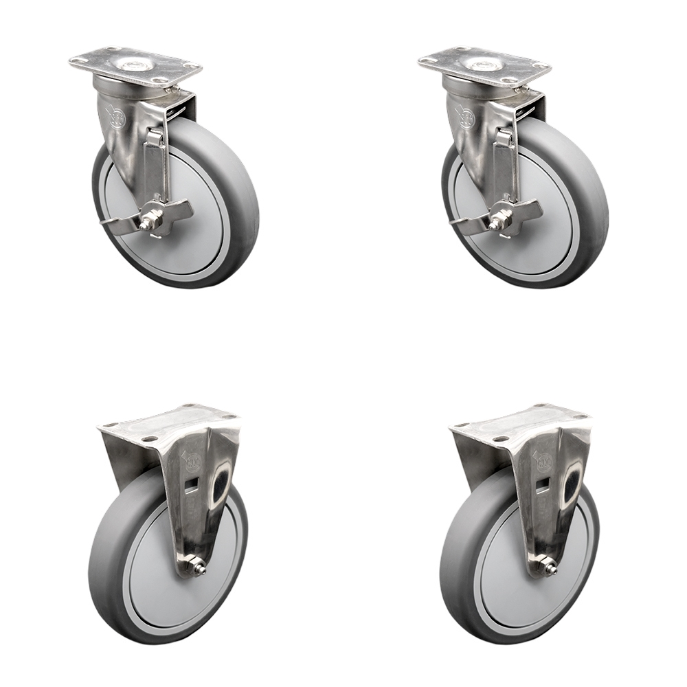 Stainless Steel Thermoplastic Rubber Swivel Top Plate Caster - 6 x 1.25 in. Gray Wheels - 1200 lbs Total Capacity - Set of 4