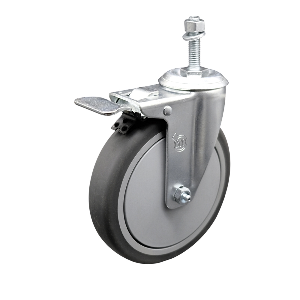 Thermoplastic Rubber Swivel Threaded Stem Caster - 6 x 1.25 in. Gray Wheel & 10 mm Stem & Total Locking Brake - 300 lbs Capacity per Caster