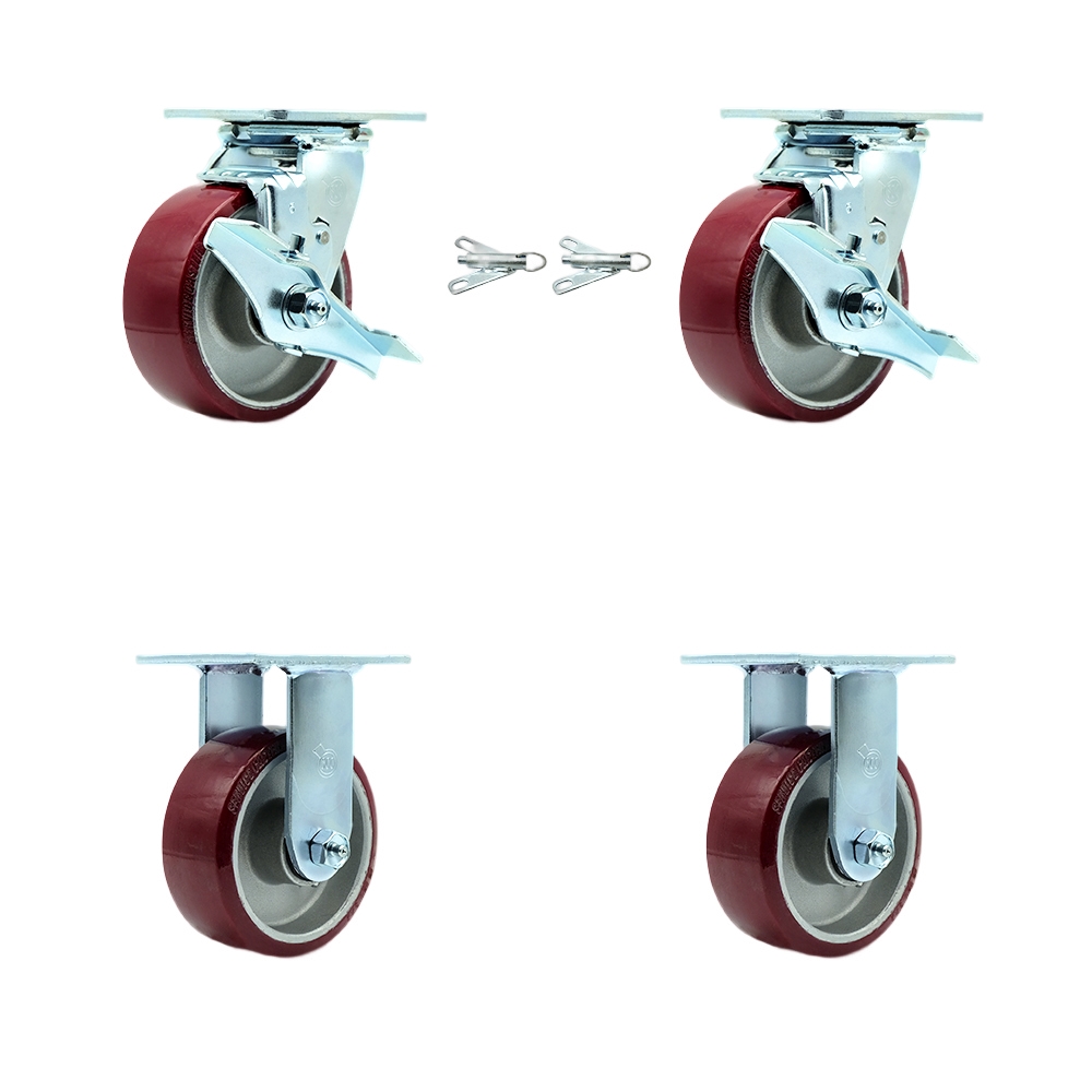SCC-30CS520-PAR-TLB-BSL-2-R-2 Polyurethane on Aluminum Swivel Top Plate Casters, Heavy Duty with 5 in. Wheels - Set of 4