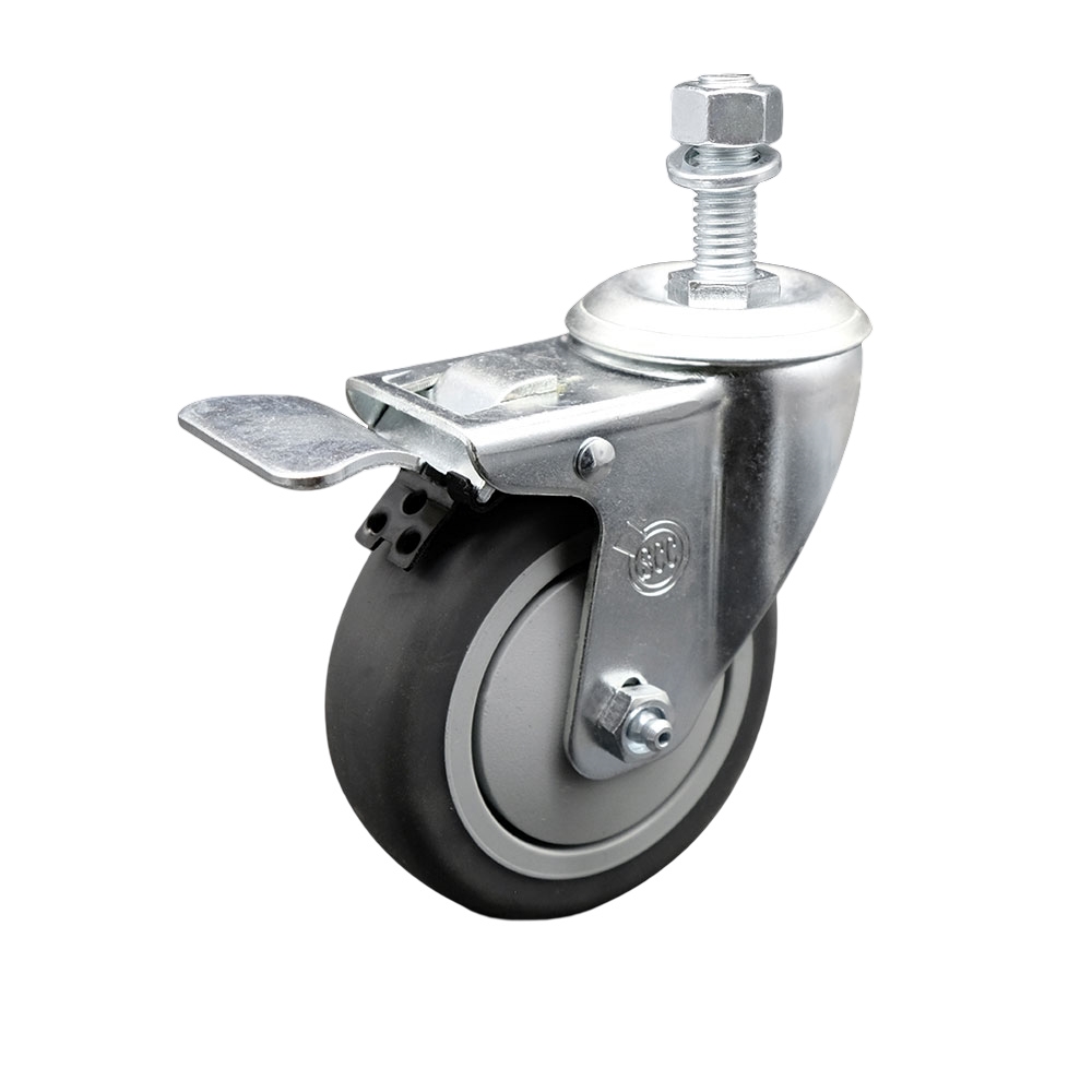 Thermoplastic Rubber Swivel Threaded Stem Caster - 4 x 1.25 in. Gray Wheel & 0.5 in. Stem & Total Locking Brake - 250 lbs Capacity per Caster