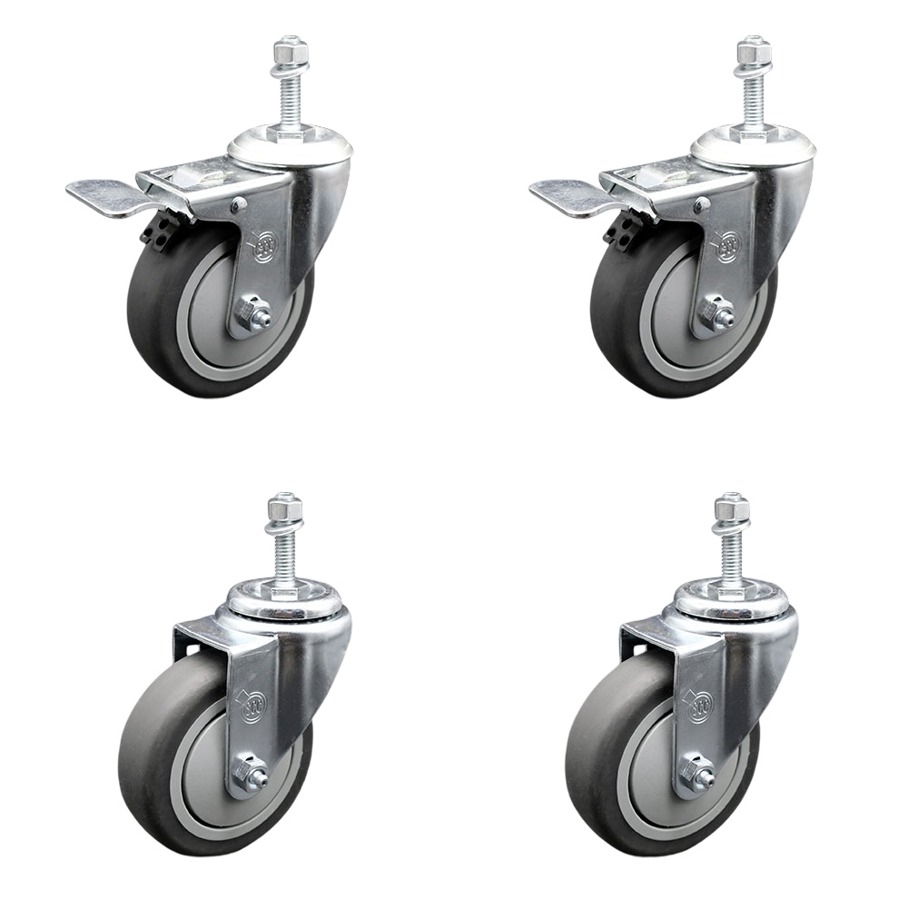 Thermoplastic Rubber Swivel Threaded Stem Caster - 4 x 1.25 in. Gray Wheels & 10 mm Metric Stems - 1000 lbs Total Capacity - Set of 4