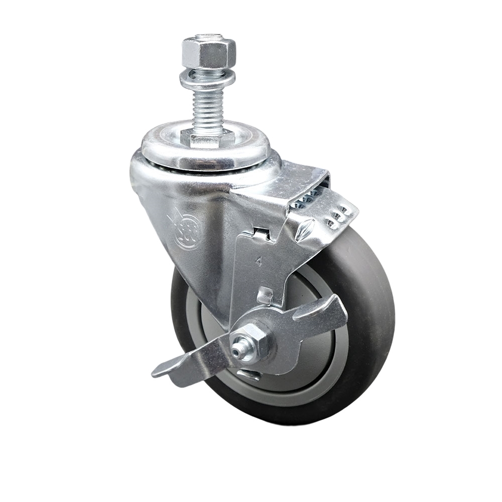 Thermoplastic Rubber Swivel Threaded Stem Caster - 4 x 1.25 in. Gray Wheel & 12 mm Metric Stem & Top Locking Brake - 250 lbs Capacity per Caster