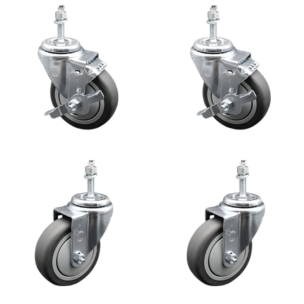 Stainless Steel Thermoplastic Rubber Swivel Threaded Stem Caster - 4 x 1.25 in. Gray Wheels & 0.37 in. Stems - 1000 lbs Total Capacity - Set of 4