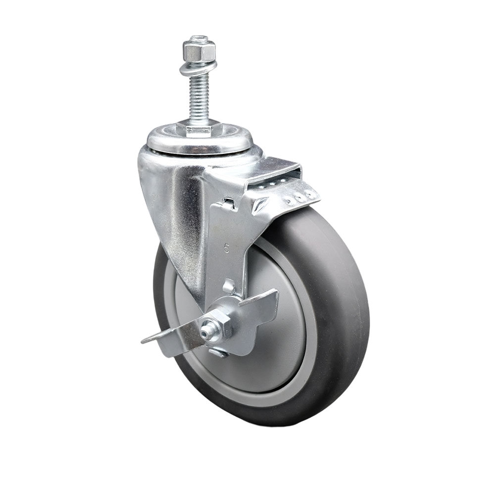 Thermoplastic Rubber Swivel Threaded Stem Caster - 5 x 1.25 in. Gray Wheel & 0.37 in. Stem & Top Locking Brake - 300 lbs Capacity per Caster