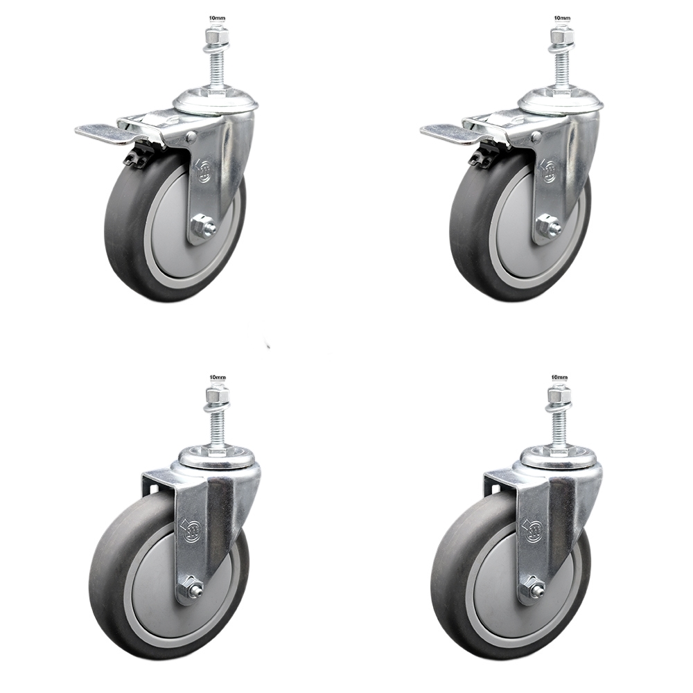 Thermoplastic Rubber Swivel Threaded Stem Caster - 5 x 1.25 in. Gray Wheels & 10 mm Metric Stems - 1200 lbs Total Capacity - Set of 4