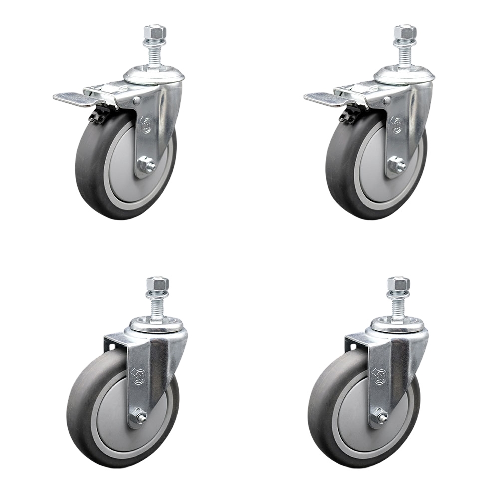 Thermoplastic Rubber Swivel Threaded Stem Caster - 5 x 1.25 in. Gray Wheels & 12 mm Metric Stems - 1200 lbs Total Capacity - Set of 4