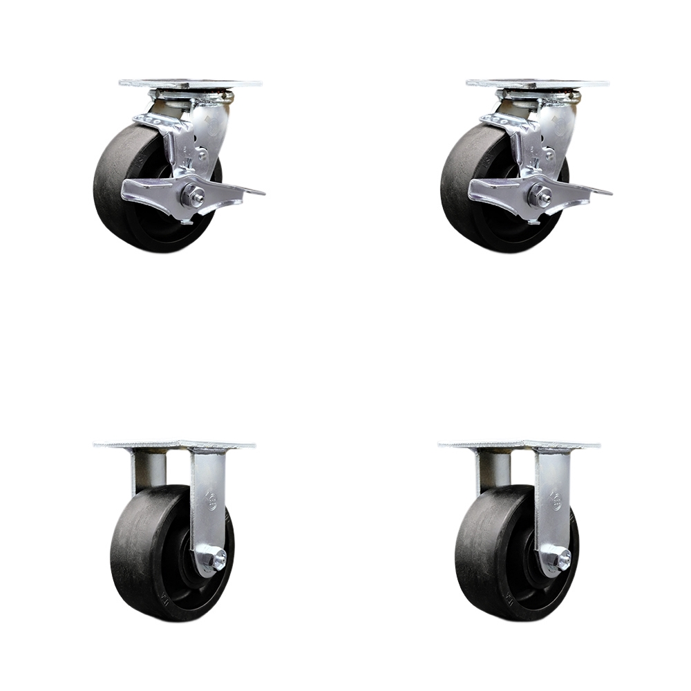 SCC-30CS520-GFNR-TLB-2-R-2 Glass Filled Nylon Swivel Top Plate Casters, Heavy Duty with 5 in. Wheels - 5000 lbs Total Capacity - Set of 4