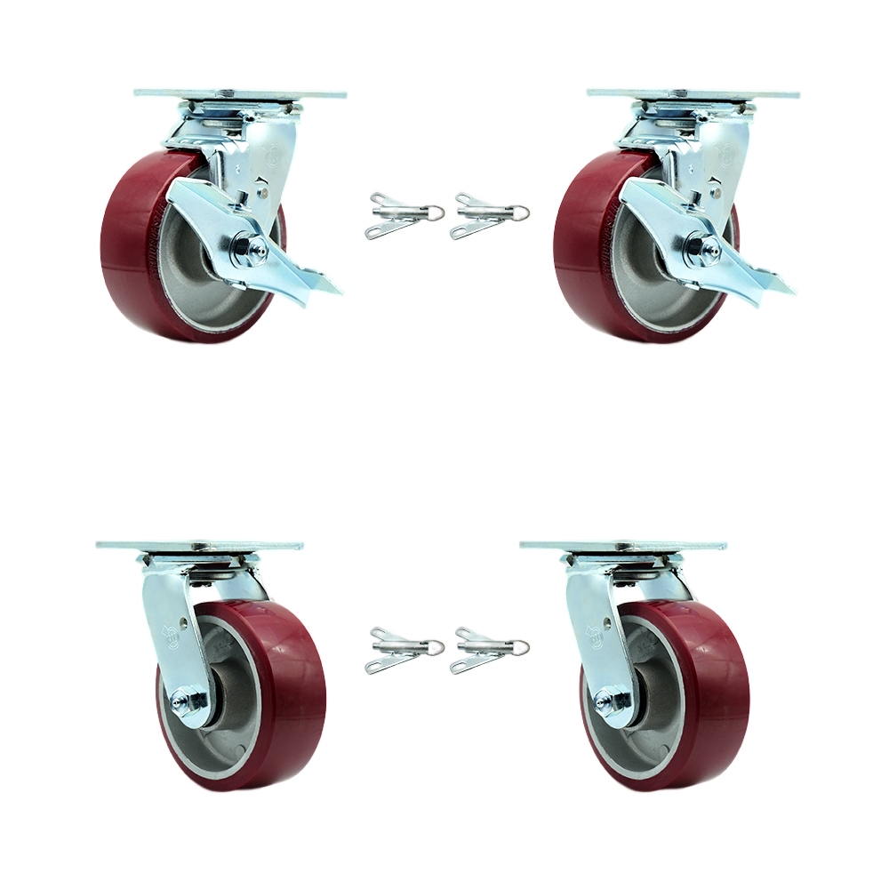 SCC-30CS520-PAR-TLB-BSL-2-BSL-2 Polyurethane on Aluminum Swivel Top Plate Casters, Heavy Duty with 5 in. Wheels - Set of 4