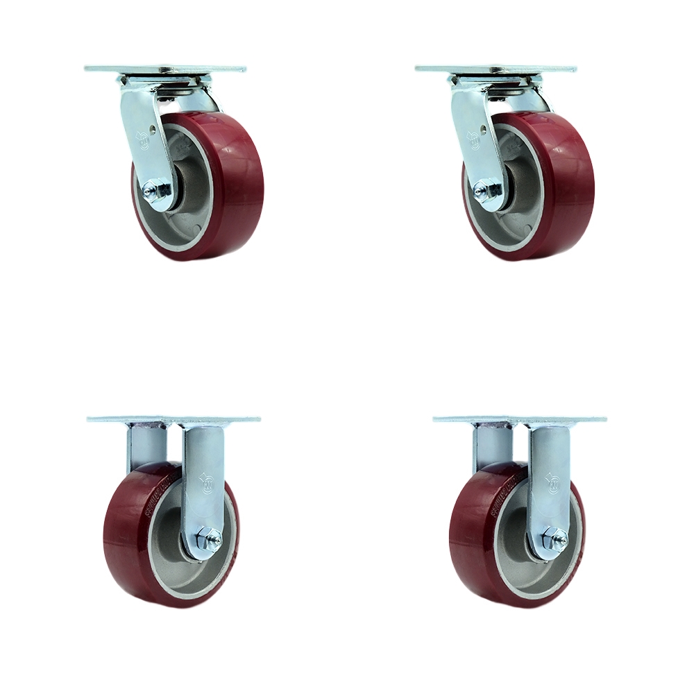 Stainless Steel Polyurethane on Aluminum Swivel Top Plate Casters, Heavy Duty with 5 in. Wheels - 3600 lbs Total Capacity - Set of 4