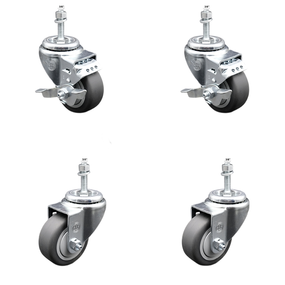 Thermoplastic Rubber Swivel Threaded Stem Caster - 3.5 x 1.25 in. Gray Wheels & 0.37 in. Stems - 920 lbs Total Capacity - Set of 4