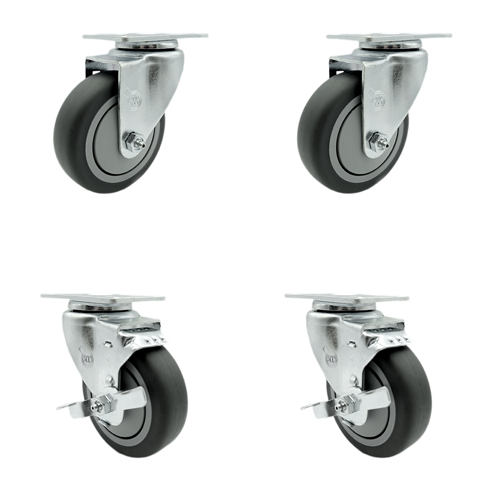 Stainless Steel Thermoplastic Rubber Swivel Top Plate Caster - 4 x 1.25 in. Gray Wheels - 1000 lbs Total Capacity - Set of 4