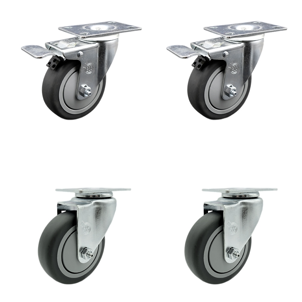 Stainless Steel Thermoplastic Rubber Swivel Top Plate Caster - 4 x 1.25 in. Gray Wheels - 1000 lbs Total Capacity - Set of 4