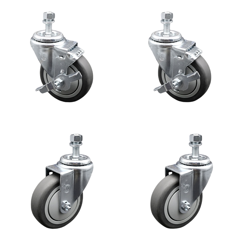 Thermoplastic Rubber Swivel Threaded Stem Caster - 4 x 1.25 in. Gray Wheels & 0.50 in. Stems - 1000 lbs Total Capacity - Set of 4