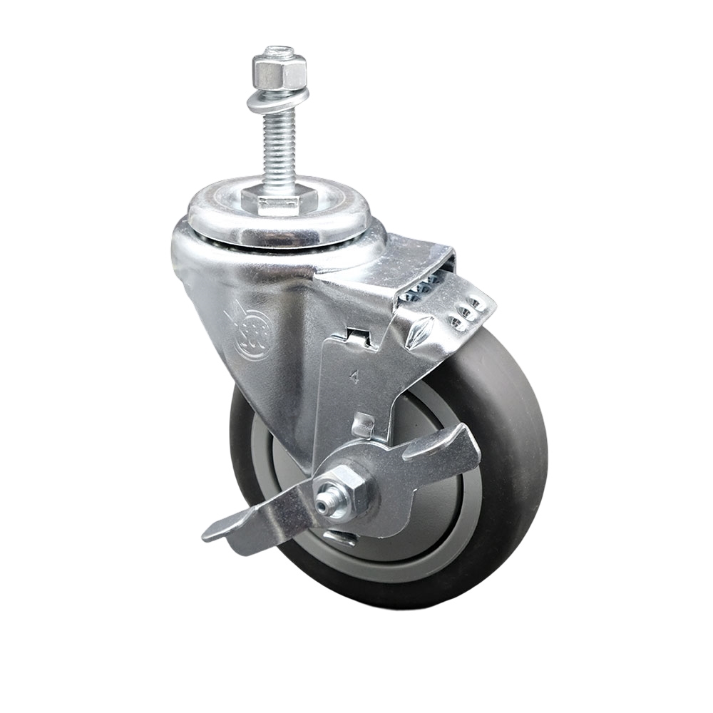 Thermoplastic Rubber Swivel Threaded Stem Caster - 4 x 1.25 in. Gray Wheel & 10 mm Metric Stem & Top Locking Brake - 250 lbs Capacity per Caster