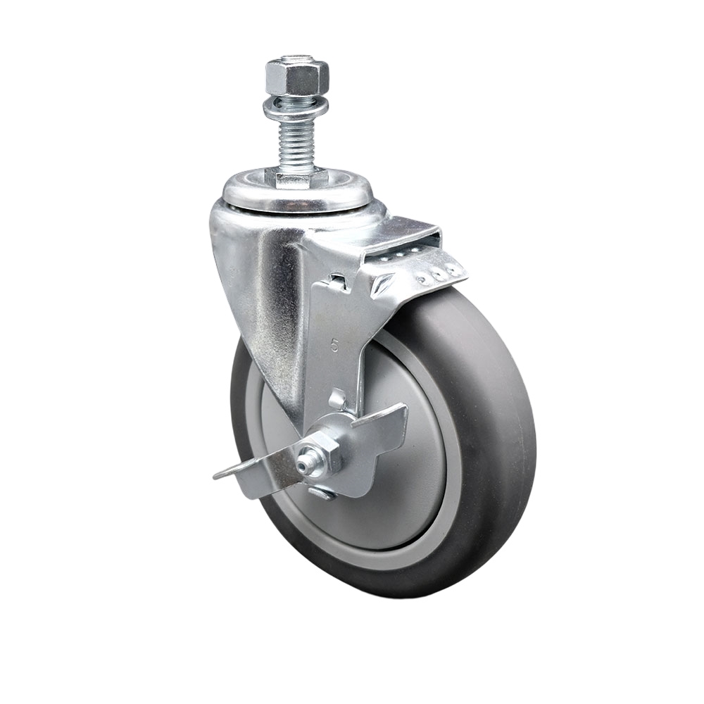 Thermoplastic Rubber Swivel Threaded Stem Caster - 5 x 1.25 in. Gray Wheel & 12 mm Metric Stem & Top Locking Brake - 300 lbs Capacity per Caster