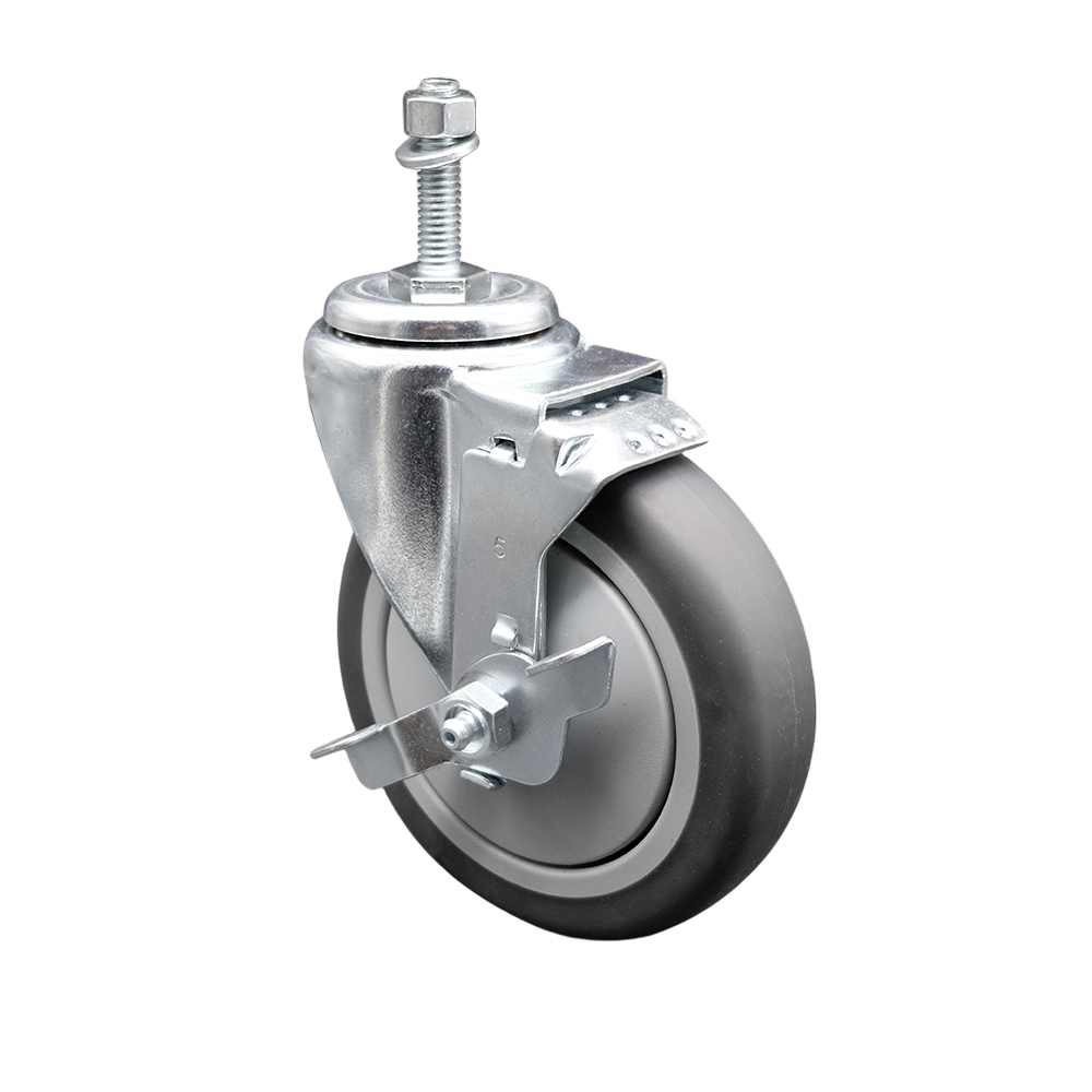 Stainless Steel Thermoplastic Rubber Swivel Threaded Stem Caster - 5 x 1.25 in. Gray Wheel & 0.37 in. Stem & Top Locking Brake - 300 lbs Capacity