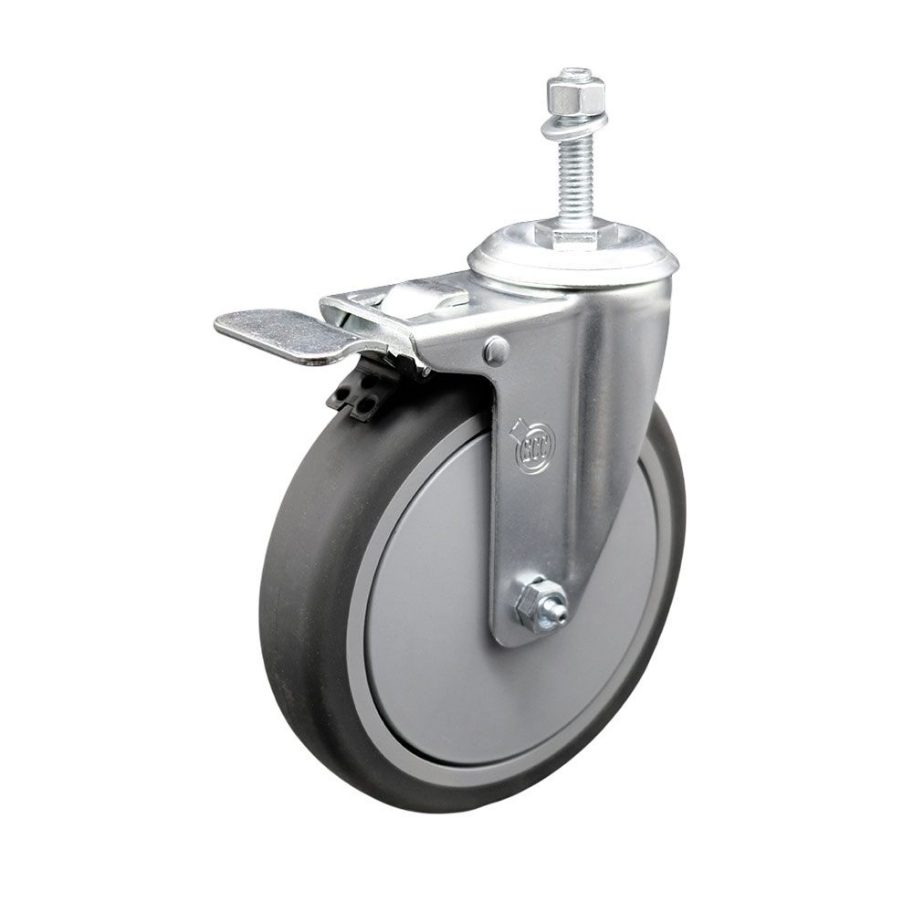 Thermoplastic Rubber Swivel Threaded Stem Caster - 6 x 1.25 in. Gray Wheel & 0.37 in. Stem & Total Locking Brake - 300 lbs Capacity per Caster