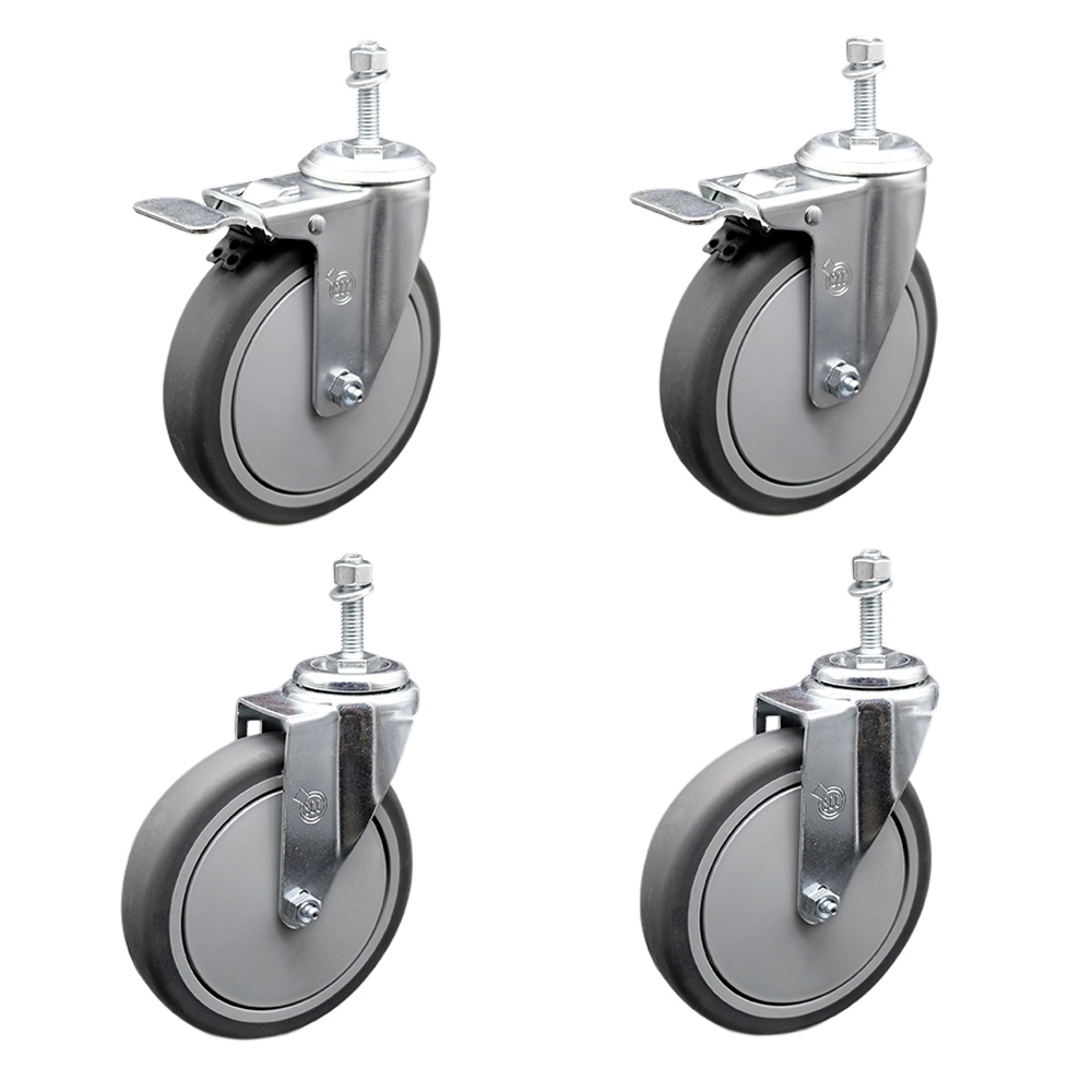 Thermoplastic Rubber Swivel Threaded Stem Caster - 6 x 1.25 in. Gray Wheels & 0.37 in. Stems - 1200 lbs Total Capacity - Set of 4