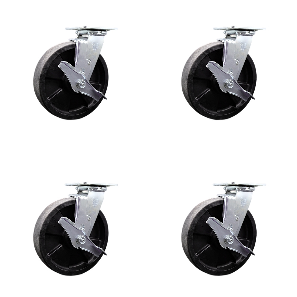 SCC-SS30S820-GFNR-TLB-BSL-2-TLB-2 Stainless Steel Glass Filled Nylon Swivel Top Plate Casters, Heavy Duty with 8 in. Wheels - Set of 4