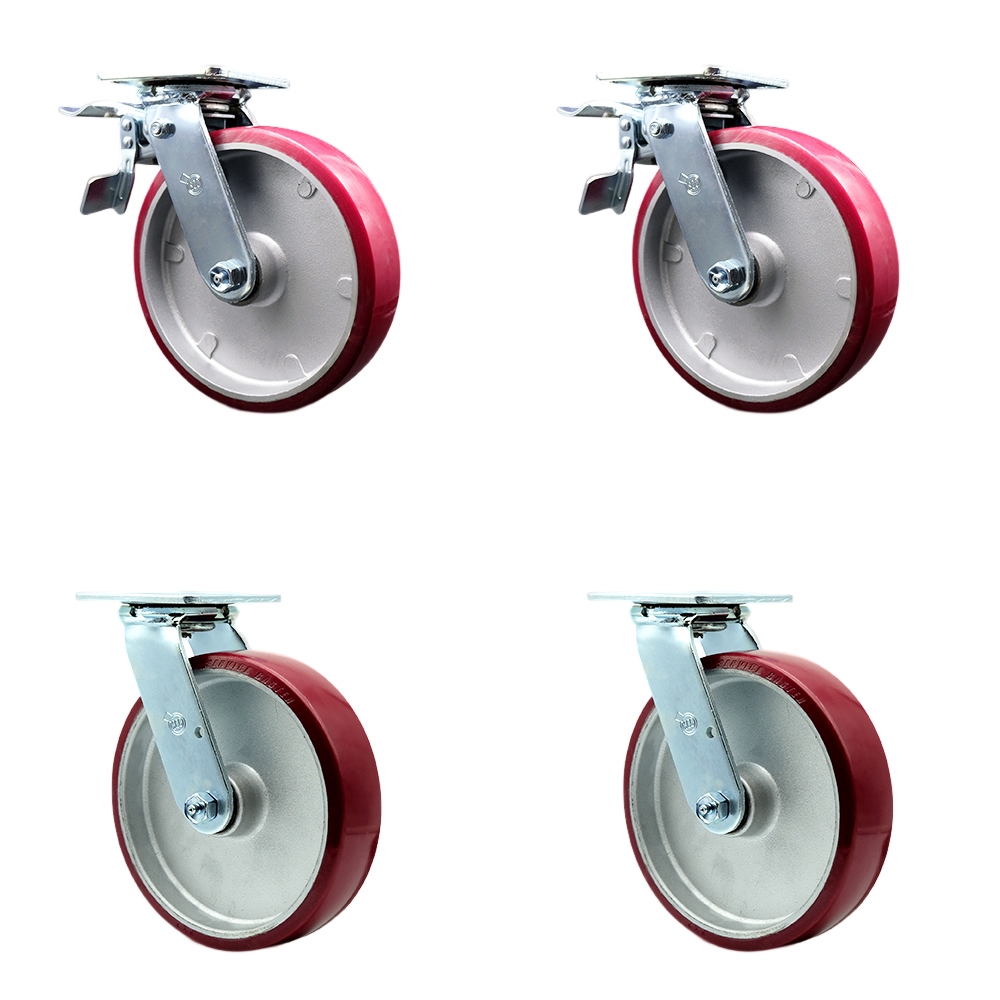 SCC-TTL30S820-PAR-2-S-2 Polyurethane on Aluminum Swivel Top Plate Casters, Heavy Duty with 8 in. Wheels - 5000 lbs Total Capacity - Set of 4
