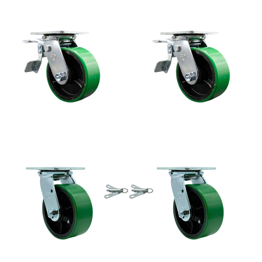 SCC-TTL30S520-PUR-GB-2-BSL-2 Polyurethane on Cast Iron Swivel Top Plate Casters, Heavy Duty with 5 in. Green Wheels - Set of 4