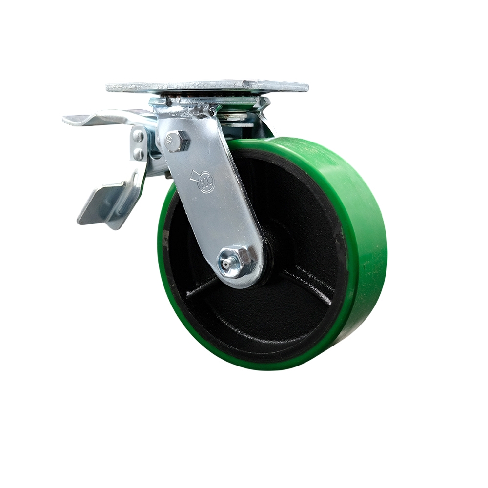 Polyurethane on Cast Iron Swivel Top Plate Heavy Duty Caster with 6 in. Green Wheel & Total Lock Brake - 1200 lbs Capacity per Caster