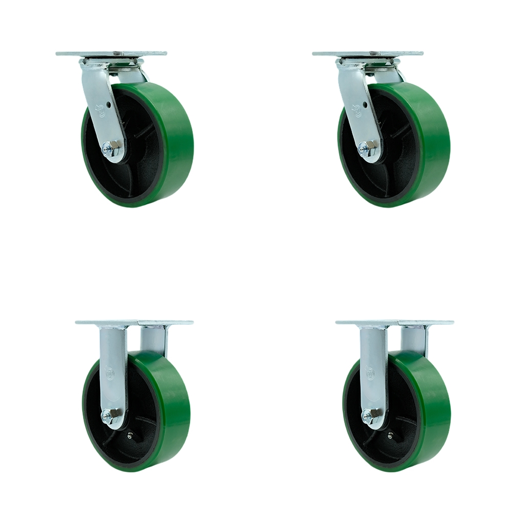 Polyurethane on Cast Iron Swivel Top Plate Casters, Heavy Duty with 6 in. Green Wheels - 4800 lbs Total Capacity - Set of 4