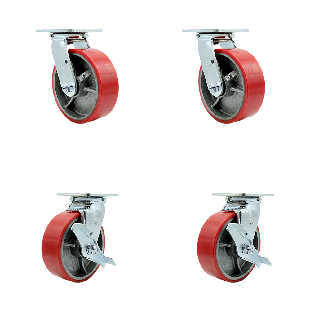 SCC-30CS620-PUR-RS-BSL-2-TLB-2 Polyurethane on Cast Iron Swivel Top Plate Casters, Heavy Duty with 6 in. Red Wheels - Set of 4