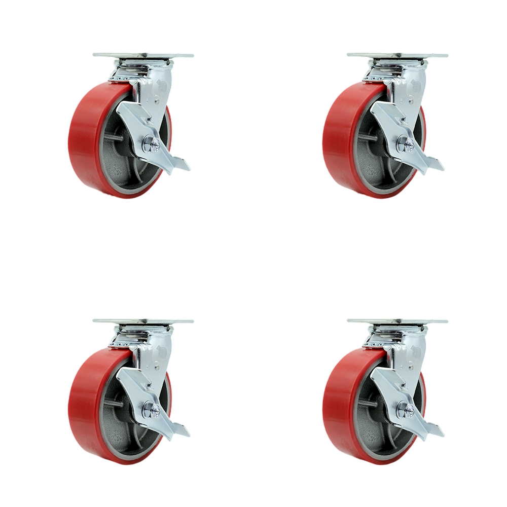 SCC-30CS620-PUR-RS-TLB-BSL-2-TLB-2 Polyurethane on Cast Iron Swivel Top Plate Casters, Heavy Duty with 6 in. Red Wheels - Set of 4