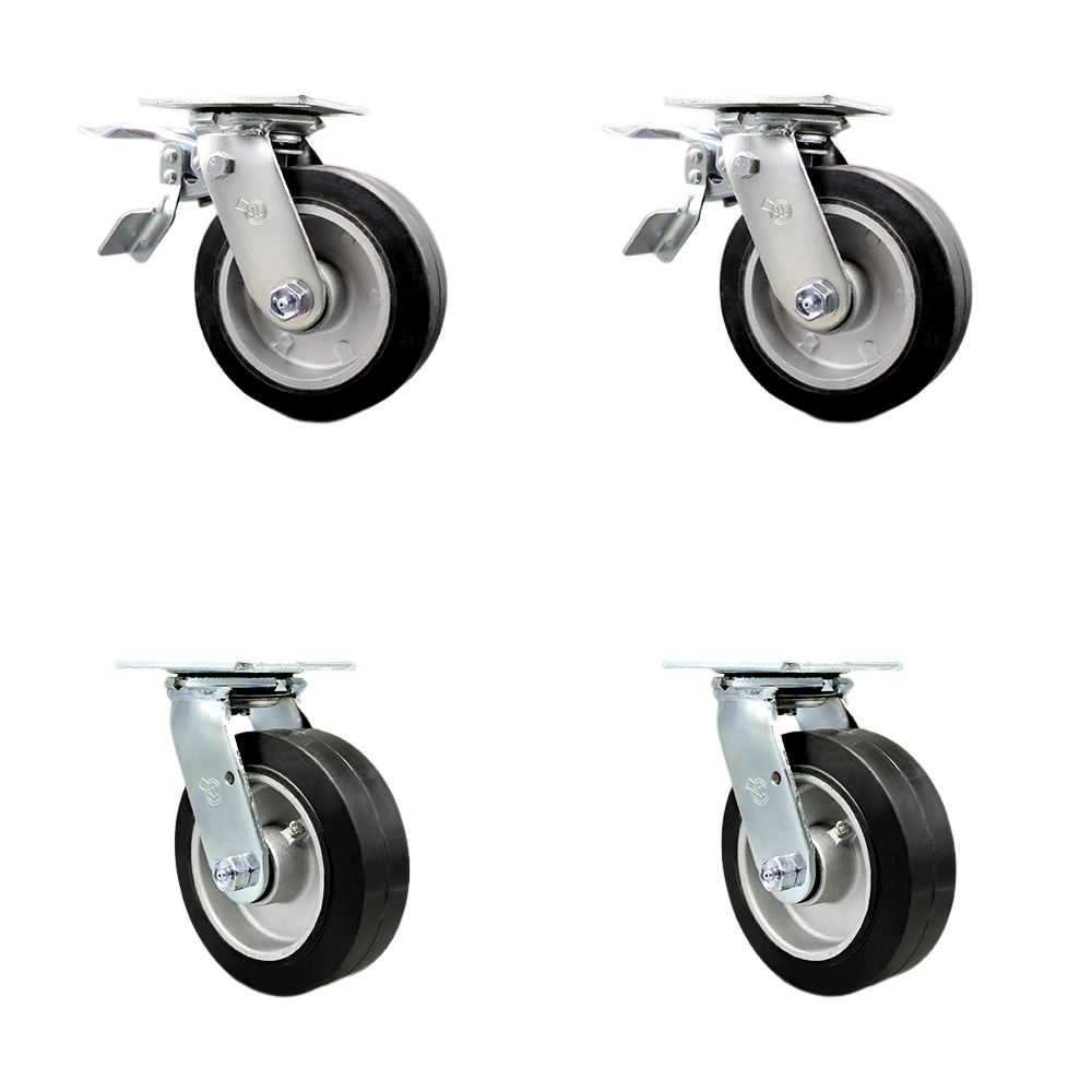 SCC-TTL30S620-RAR-2-BSL-2 Rubber on Aluminum Swivel Top Plate Casters, Heavy Duty with 6 in. Wheels - Set of 4