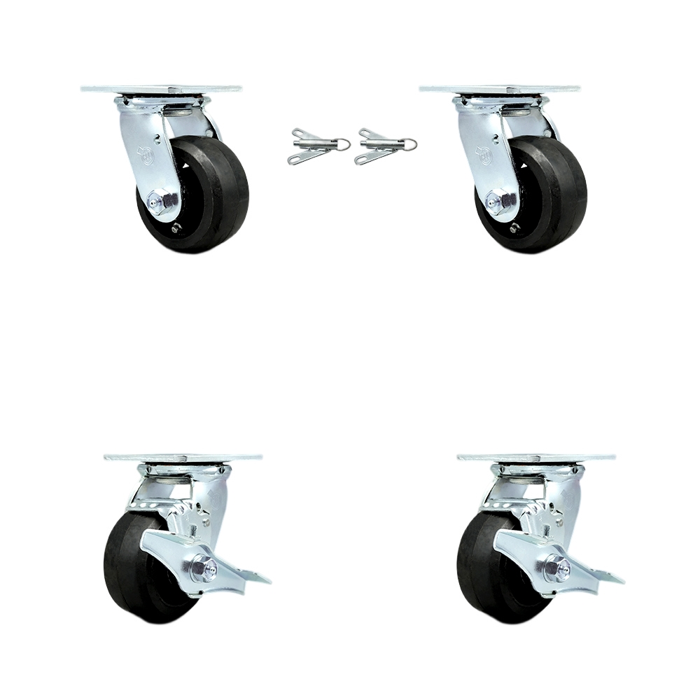SCC-30CS420-RSR-BSL-2-TLB-2 Rubber on Metal Swivel Top Plate Casters, Heavy Duty with 4 in. Wheels - 1600 lbs Total Capacity - Set of 4