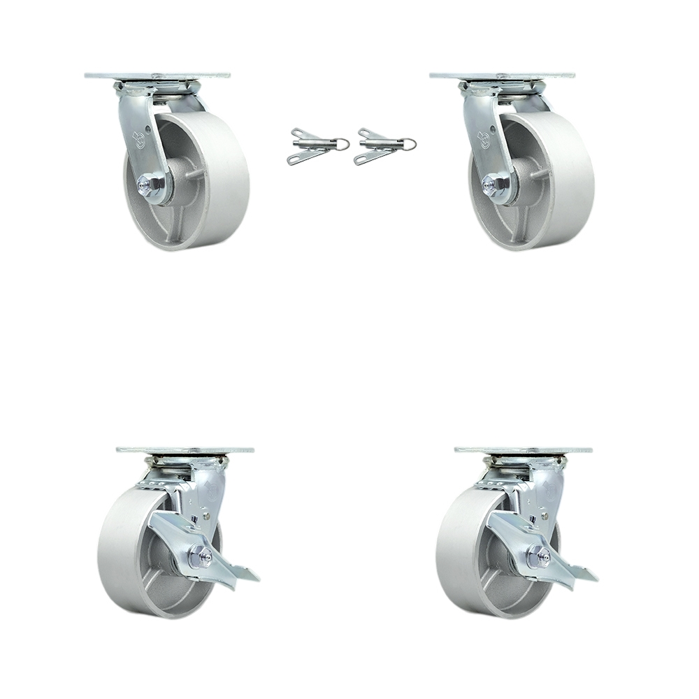 SCC-30CS520-SSR-BSL-2-TLB-2 Semi Steel Cast Iron Swivel Top Plate Casters, Heavy Duty with 5 in. Wheels - 4000 lbs Total Capacity - Set of 4
