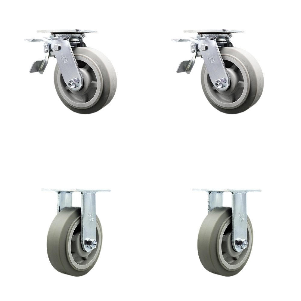 Thermoplastic Rubber Flat Tread Swivel Top Plate Casters, Heavy Duty with 6 in. Wheels - 2000 lbs Total Capacity - Set of 4