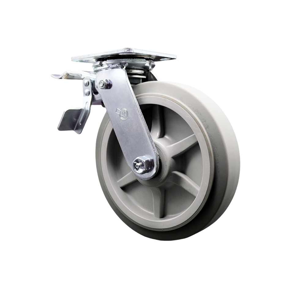 Thermoplastic Rubber Flat Tread Swivel Top Plate Heavy Duty Caster with 8 in. Wheel & Total Lock Brake - 600 lbs Capacity per Caster