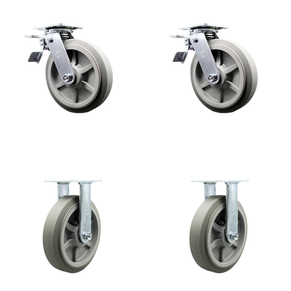 Thermoplastic Rubber Flat Tread Swivel Top Plate Casters, Heavy Duty with 8 in. Wheels - 2400 lbs Total Capacity - Set of 4